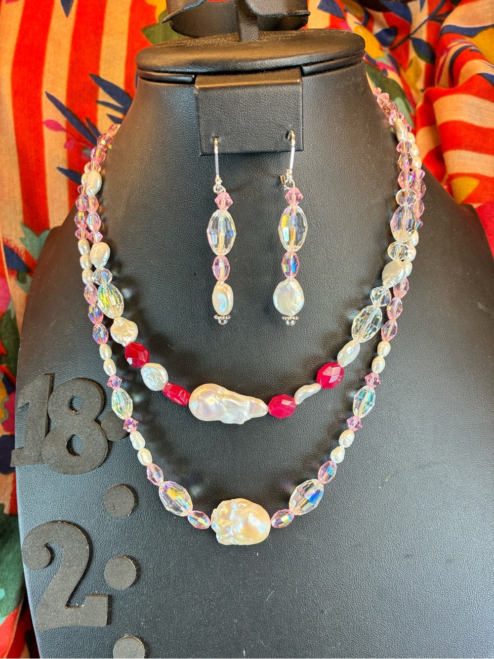 Irregular Pearl and Faceted Crystal Necklace & Earring Set - Pink and Red